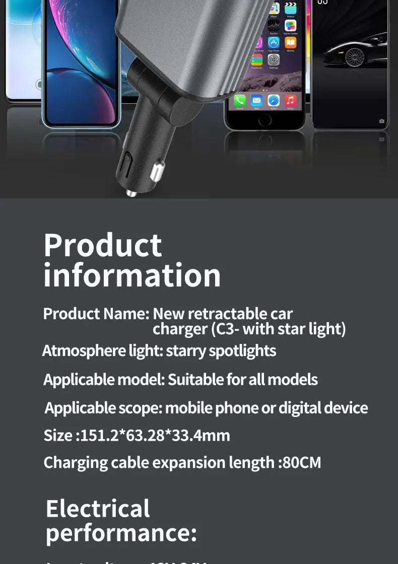 4 in 1 Car Charger with Retractable Cable Atmosphere Lamp Star Top Light 120W Adapter Car Phone Charger USB Type-C Ports 12-24V