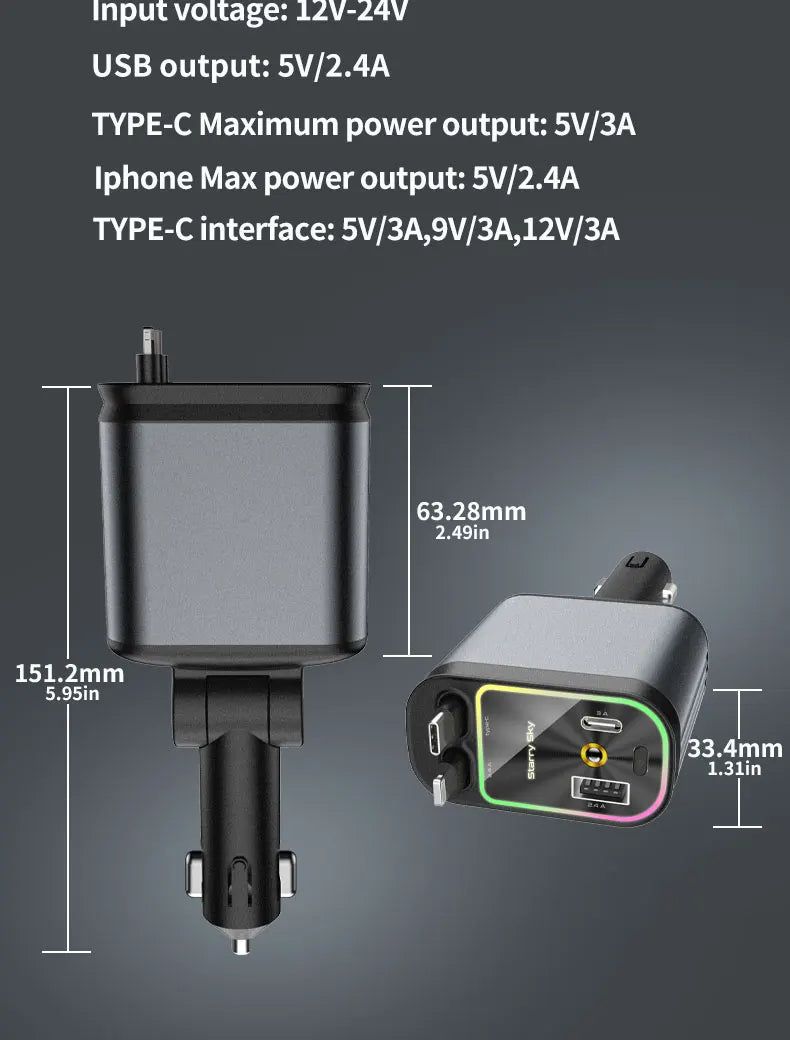 4 in 1 Car Charger with Retractable Cable Atmosphere Lamp Star Top Light 120W Adapter Car Phone Charger USB Type-C Ports 12-24V