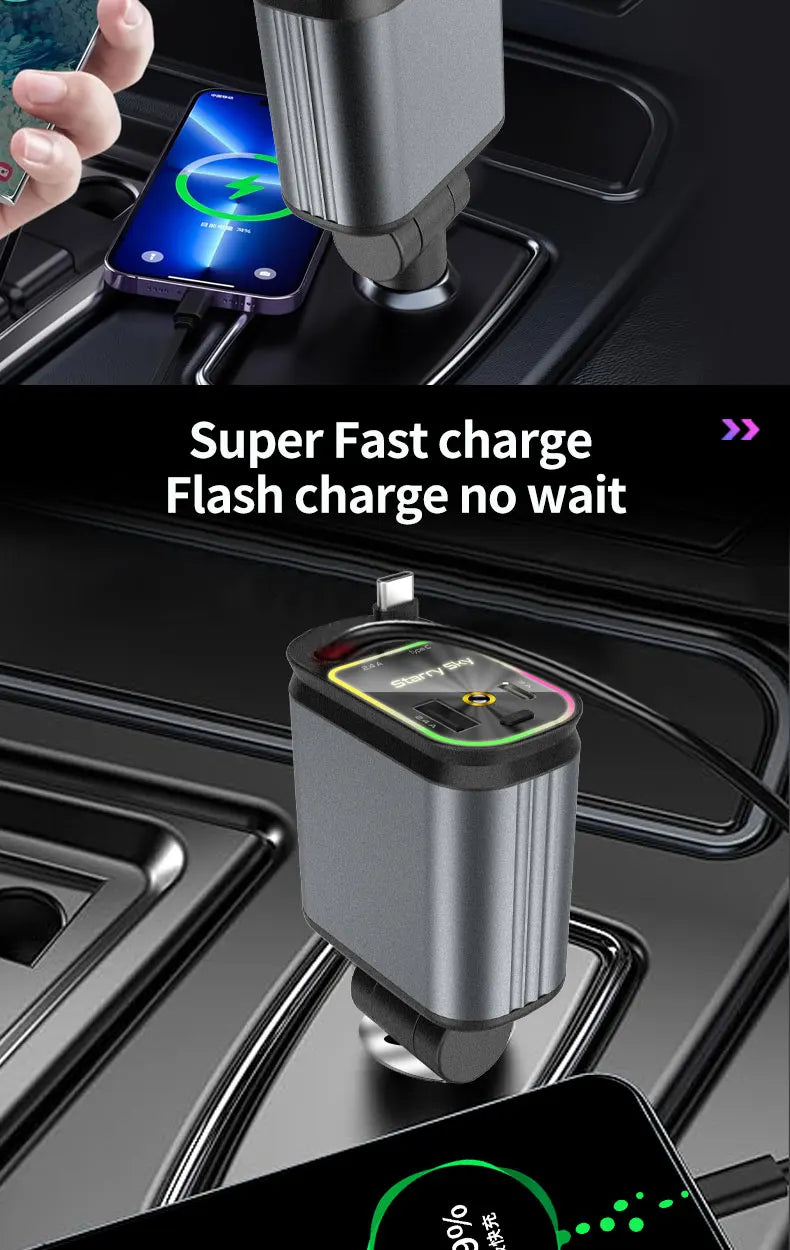 4 in 1 Car Charger with Retractable Cable Atmosphere Lamp Star Top Light 120W Adapter Car Phone Charger USB Type-C Ports 12-24V